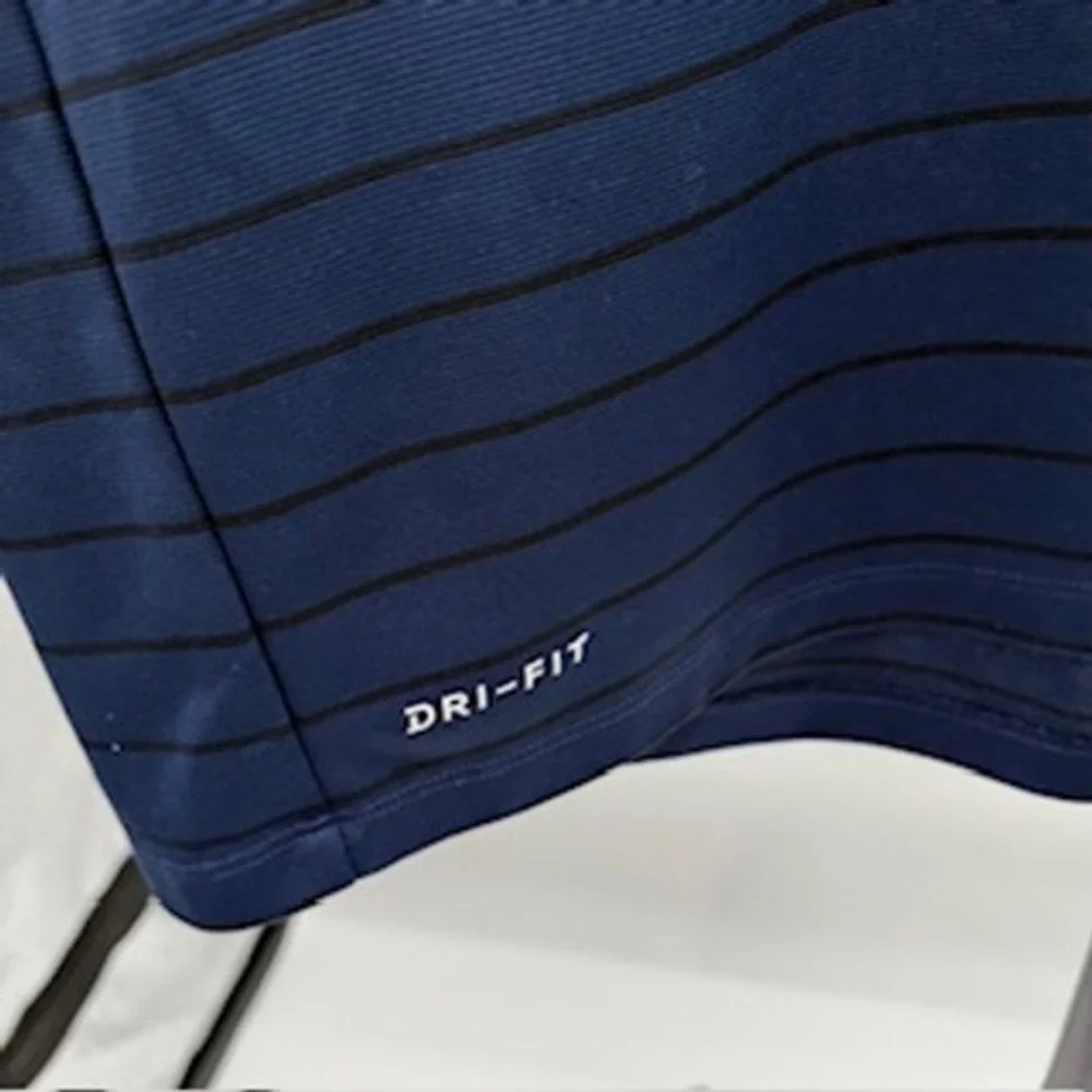 Nike Dri-FIT Mens‎ XXL Navy Blue Striped Short Sleeve Golf Polo Shirt Red Swoosh
